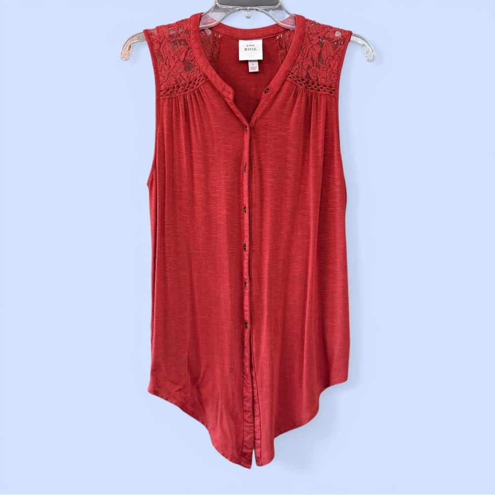 Knox Rose Sleeveless Button Front Blouse Tunic Rust Red Lace Details Sz L